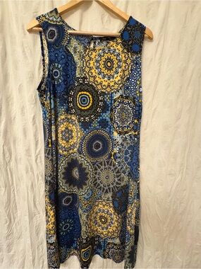ELLEN Weaver size 1X geometric shape, blue and yellow dress.